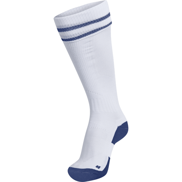 A pair of white Hummel Element Football Socks with blue accents, designed for superior support and comfort on the pitch.
