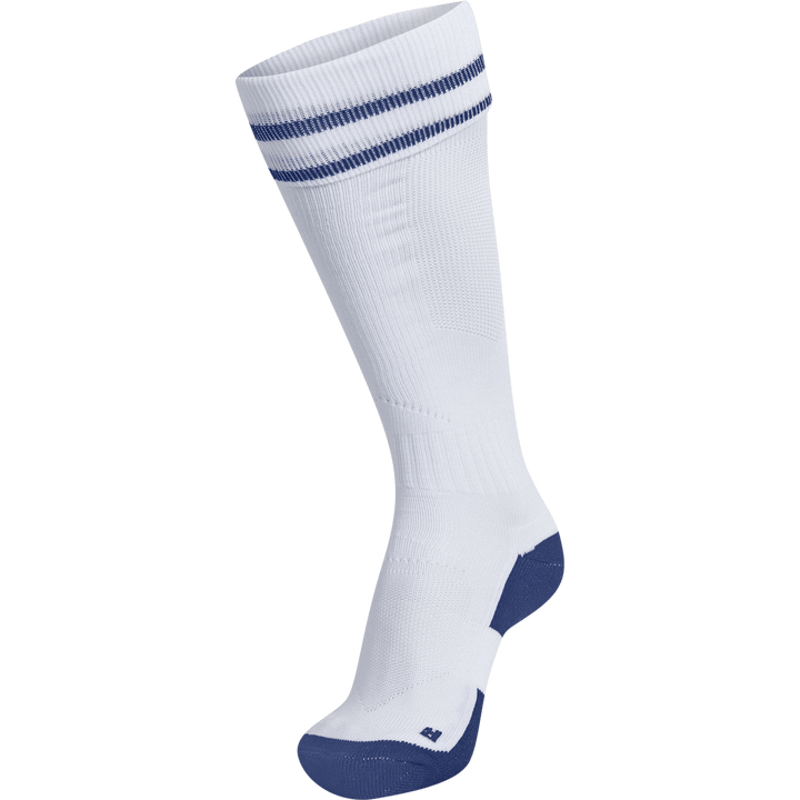 A pair of white Hummel Element Football Socks with blue accents, designed for superior support and comfort on the pitch.